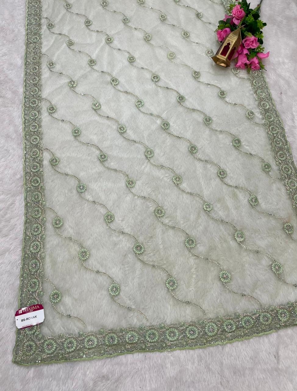BS-RONAK PREMIUM NET SAREE WITH HEAVY EMBROIDERY WORK WITH THREAD AND JARKAN WORK WITH LAHERIA AND WORK BLOUSE