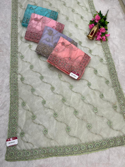 BS-RONAK PREMIUM NET SAREE WITH HEAVY EMBROIDERY WORK WITH THREAD AND JARKAN WORK WITH LAHERIA AND WORK BLOUSE