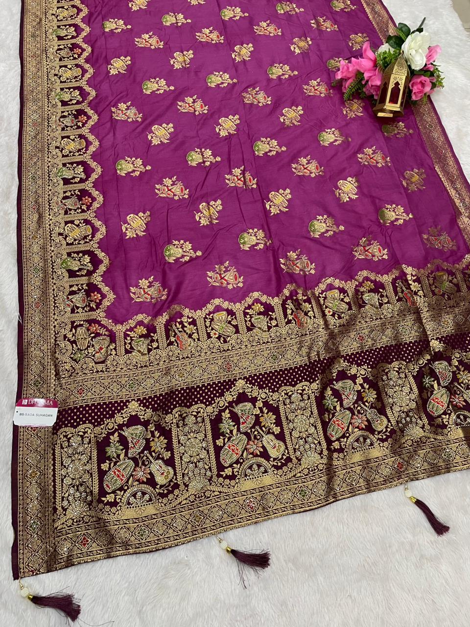 BS-SADA SUHAGAN Dola silk saree with beautiful jarkan rich pallu design with contrast dying with butti blouse