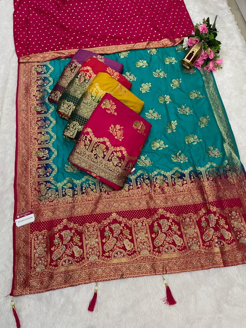 BS-SADA SUHAGAN Dola silk saree with beautiful jarkan rich pallu design with contrast dying with butti blouse