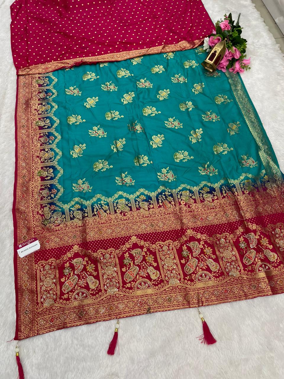BS-SADA SUHAGAN Dola silk saree with beautiful jarkan rich pallu design with contrast dying with butti blouse