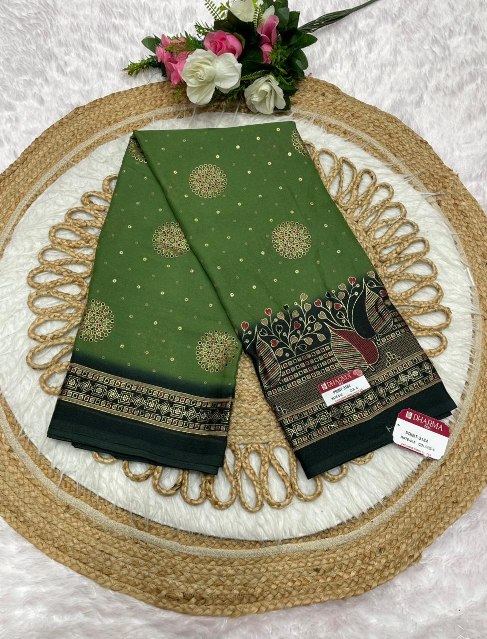 PRINT-3184 Star georgette fabric saree with rich pallu and beautiful premium design with butta and foil work allover saree with padding discharge and blouse