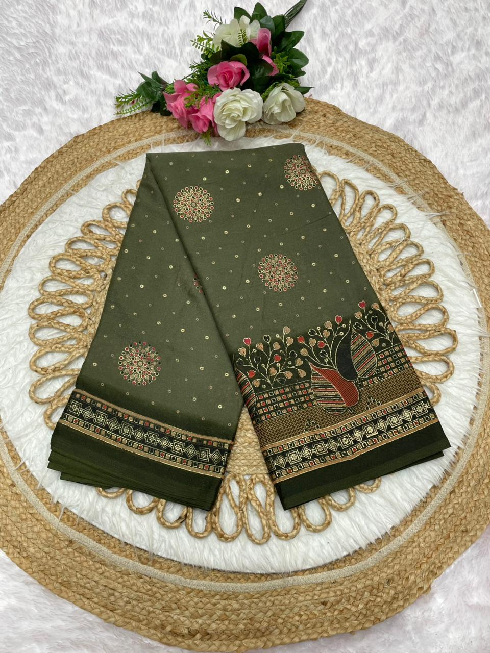 PRINT-3184 Star georgette fabric saree with rich pallu and beautiful premium design with butta and foil work allover saree with padding discharge and blouse