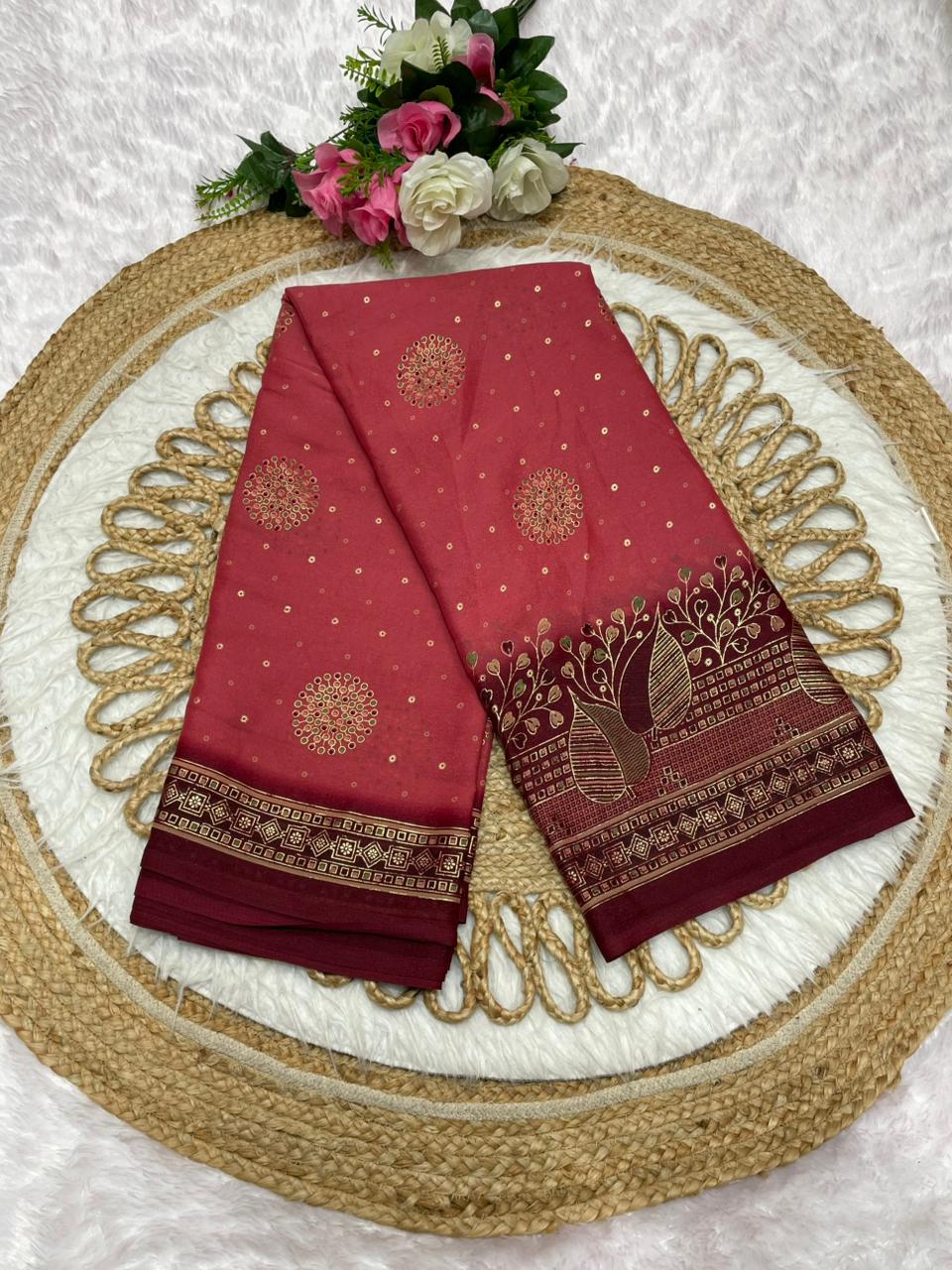 PRINT-3184 Star georgette fabric saree with rich pallu and beautiful premium design with butta and foil work allover saree with padding discharge and blouse