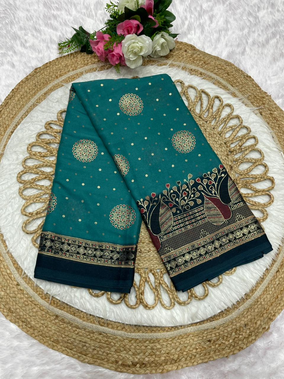 PRINT-3184 Star georgette fabric saree with rich pallu and beautiful premium design with butta and foil work allover saree with padding discharge and blouse