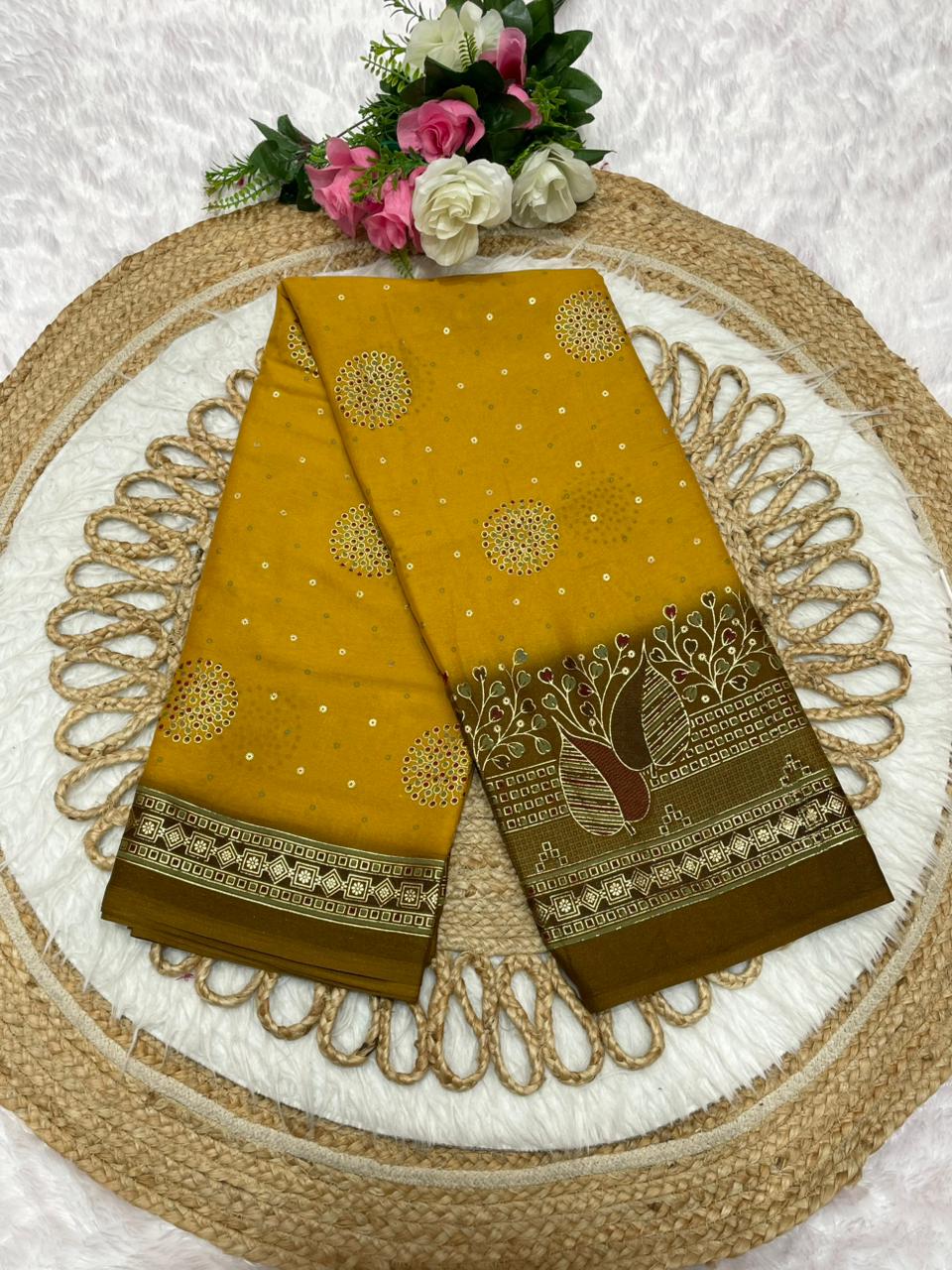 PRINT-3184 Star georgette fabric saree with rich pallu and beautiful premium design with butta and foil work allover saree with padding discharge and blouse
