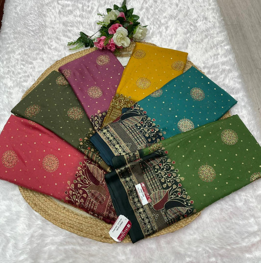 PRINT-3184 Star georgette fabric saree with rich pallu and beautiful premium design with butta and foil work allover saree with padding discharge and blouse