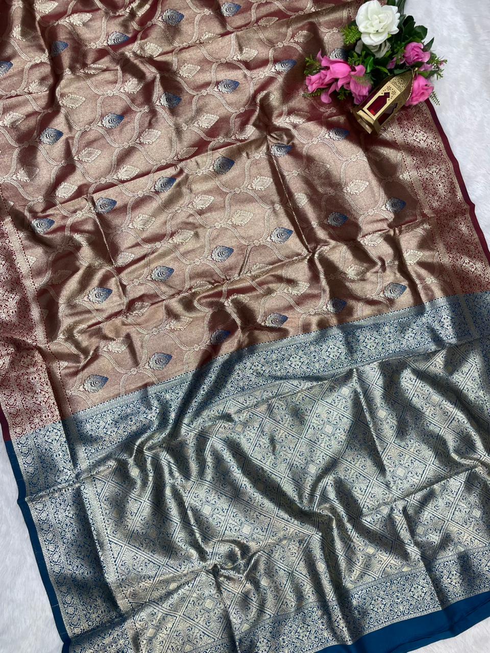 AJ-KESHAVI TISSUE KOTA FABRIC SAREE WITH CONTRAST PALLU WITH MEENAKARI DESIGN ON BODY WITH  BUTTI CONRAST BLOUSE