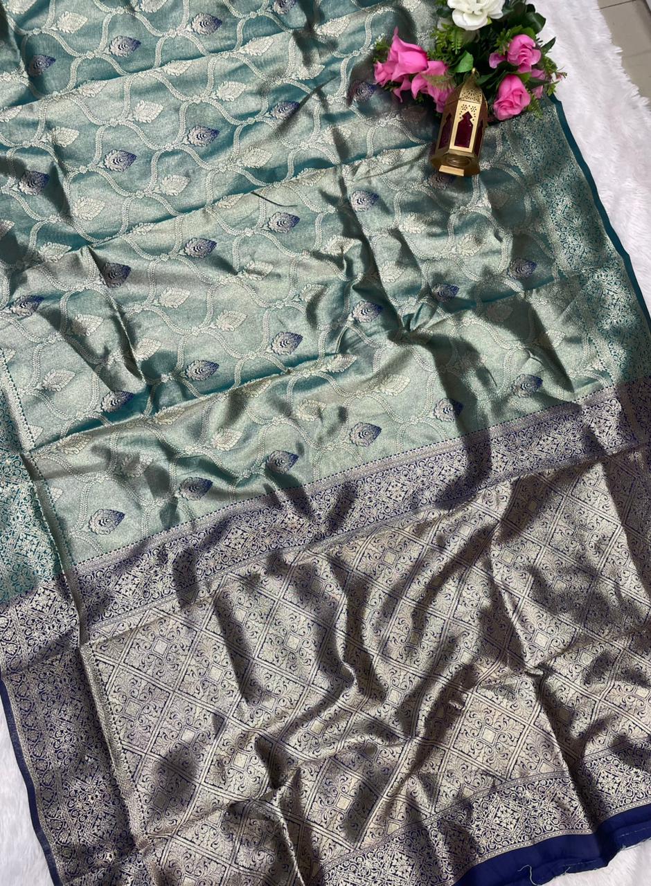 AJ-KESHAVI TISSUE KOTA FABRIC SAREE WITH CONTRAST PALLU WITH MEENAKARI DESIGN ON BODY WITH  BUTTI CONRAST BLOUSE