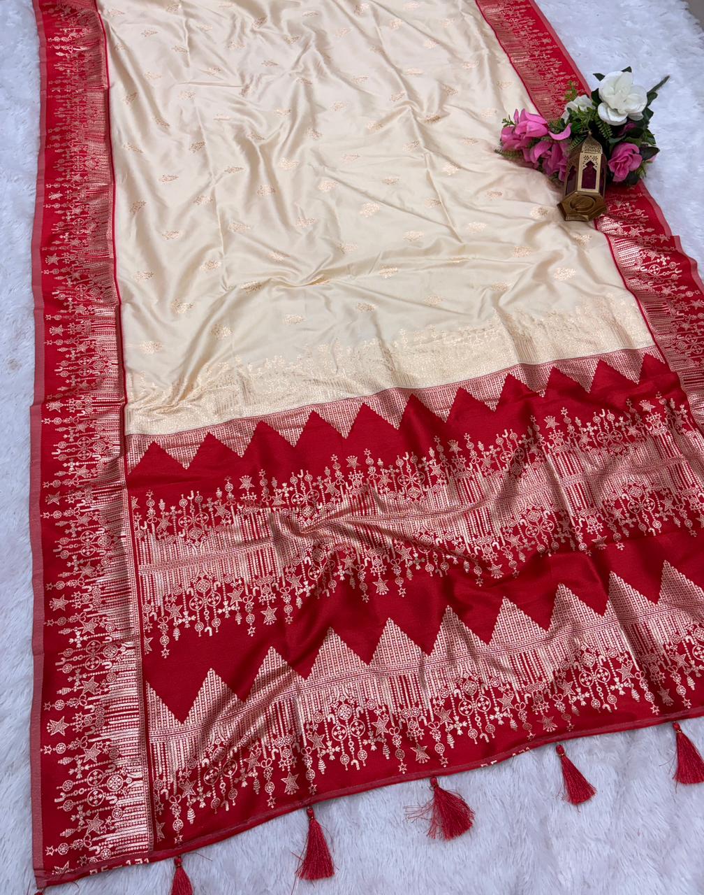 AJ-WHITE PARI SOFT SILK FABRIC SAREE WITH BEAUTIFUL DESIGN WITH CONTRAST PALLU AND BLOUSE WITH HEAVY TASSELS WITH BLOUSE