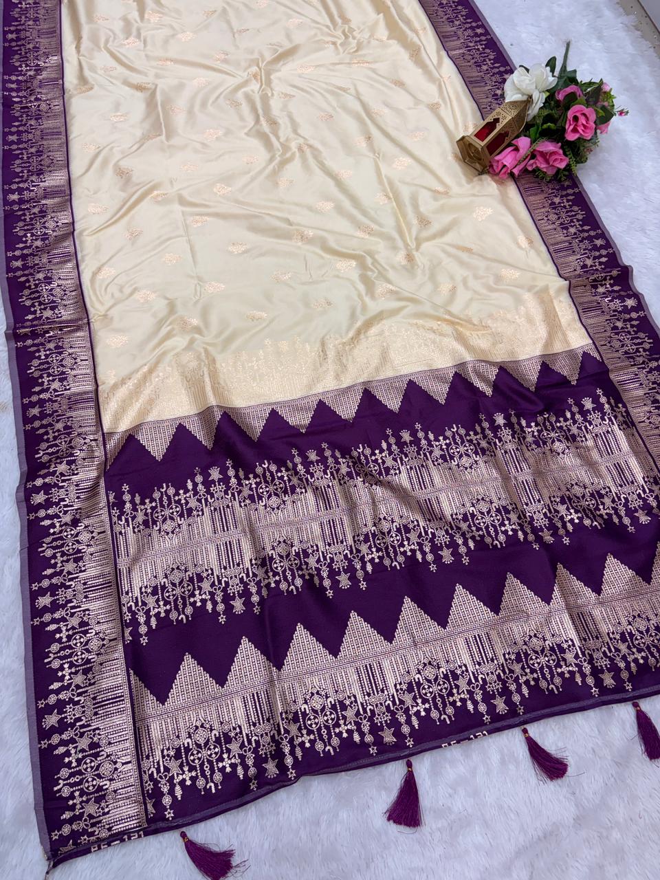 AJ-WHITE PARI SOFT SILK FABRIC SAREE WITH BEAUTIFUL DESIGN WITH CONTRAST PALLU AND BLOUSE WITH HEAVY TASSELS WITH BLOUSE