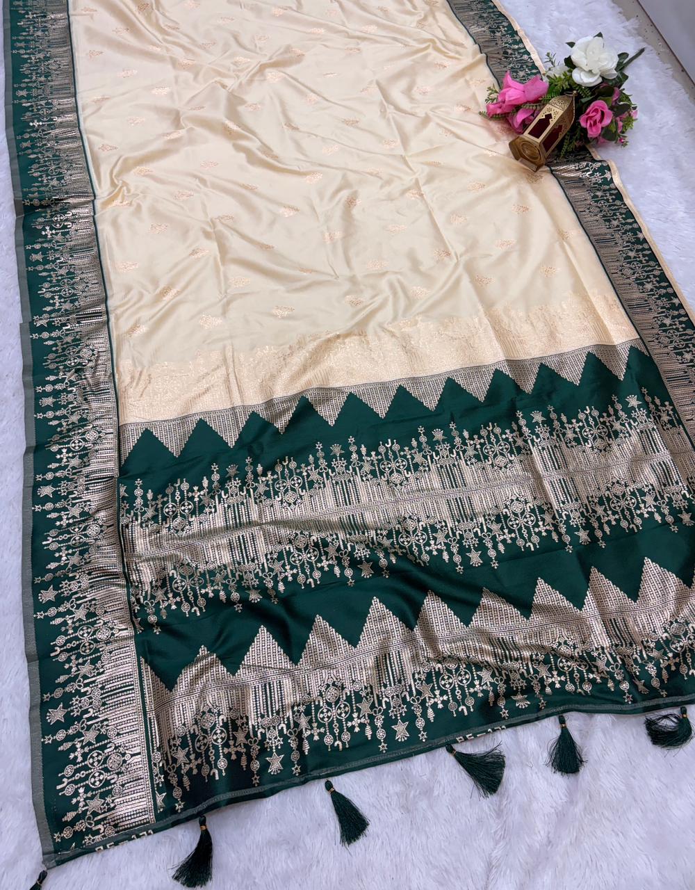 AJ-WHITE PARI SOFT SILK FABRIC SAREE WITH BEAUTIFUL DESIGN WITH CONTRAST PALLU AND BLOUSE WITH HEAVY TASSELS WITH BLOUSE