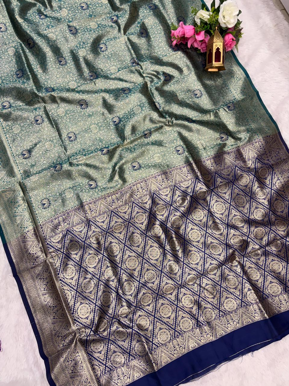 AJ-SUNIDHI TISSUE KOTA FABRIC SAREE WITH CONTRAST PALLU WITH MEENAKARI DESIGN ON BODY WITH  BUTTI CONRAST BLOUSE