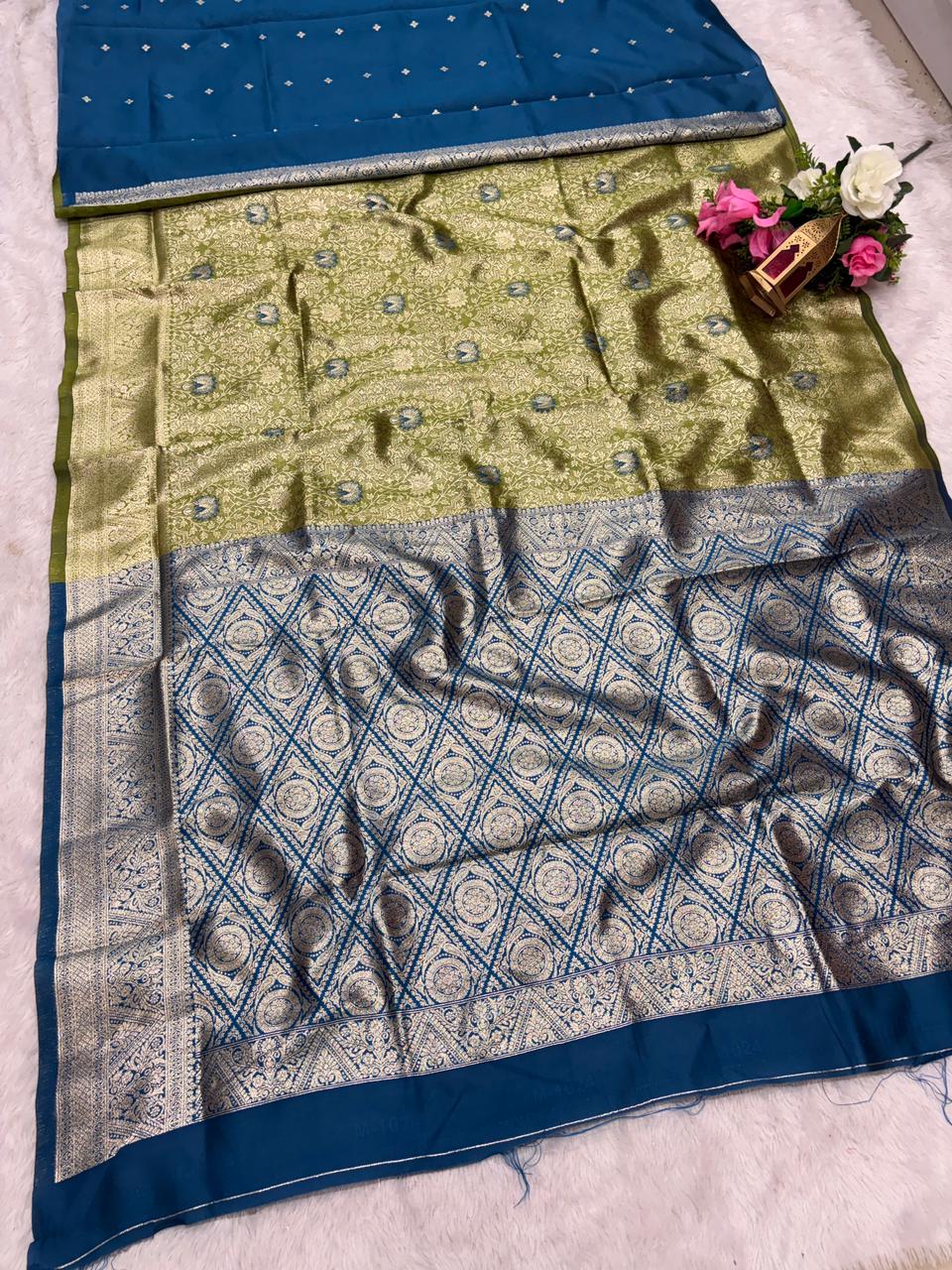 AJ-SUNIDHI TISSUE KOTA FABRIC SAREE WITH CONTRAST PALLU WITH MEENAKARI DESIGN ON BODY WITH  BUTTI CONRAST BLOUSE