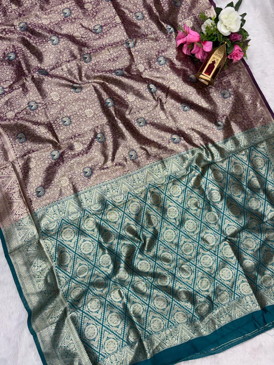 AJ-SUNIDHI TISSUE KOTA FABRIC SAREE WITH CONTRAST PALLU WITH MEENAKARI DESIGN ON BODY WITH  BUTTI CONRAST BLOUSE