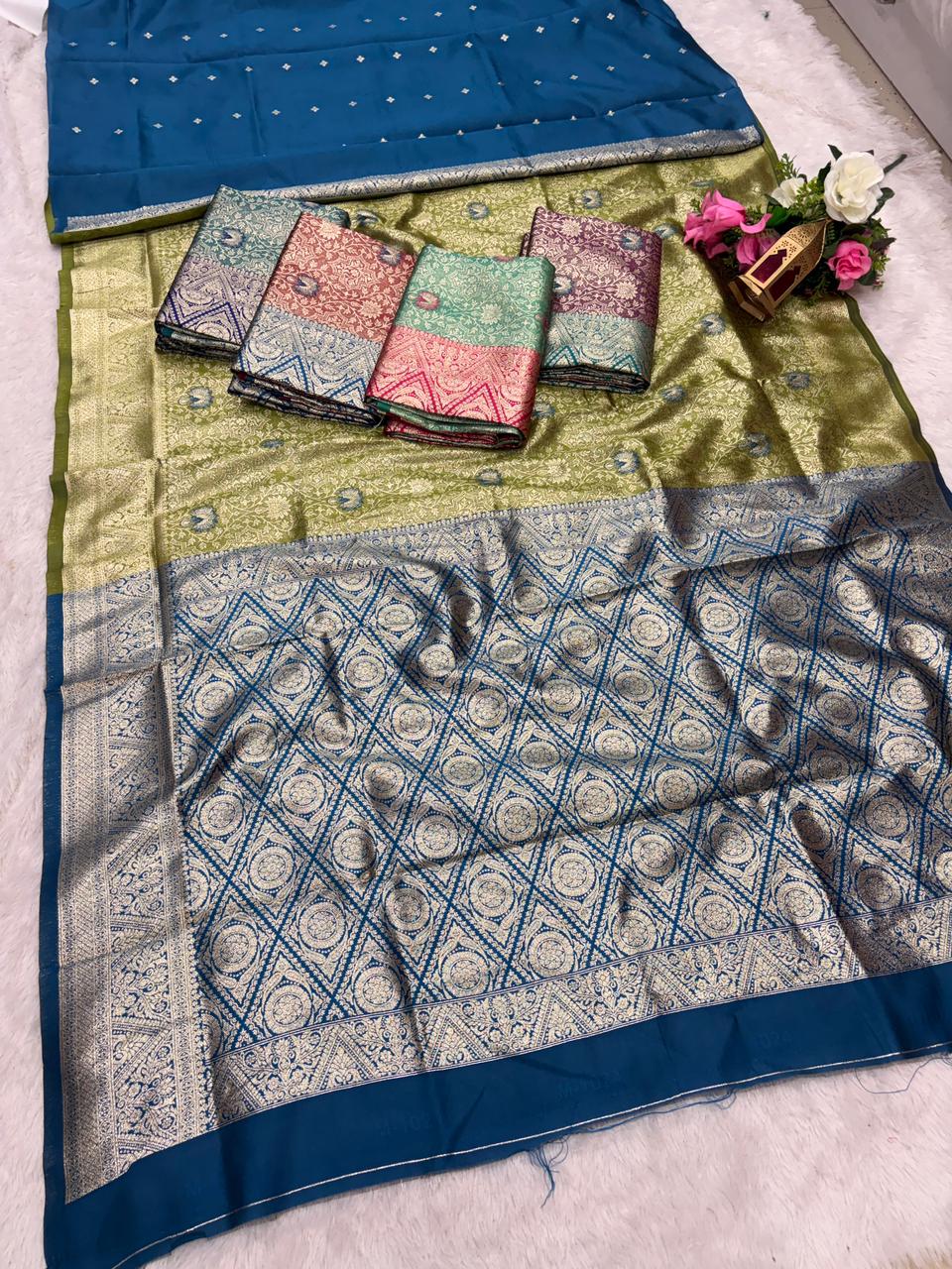 AJ-SUNIDHI TISSUE KOTA FABRIC SAREE WITH CONTRAST PALLU WITH MEENAKARI DESIGN ON BODY WITH  BUTTI CONRAST BLOUSE
