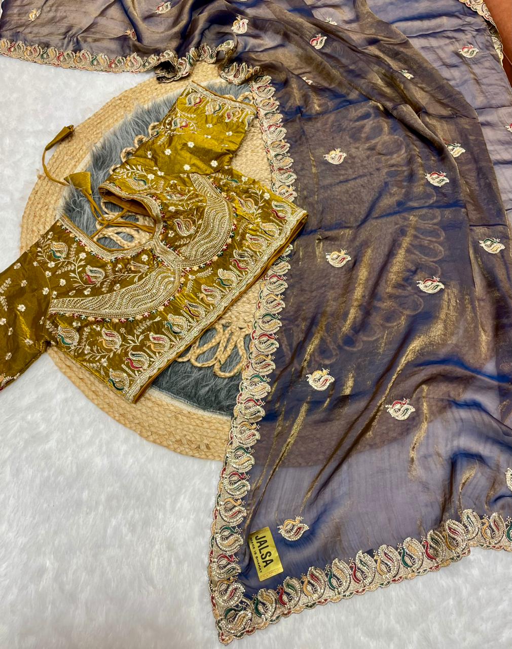BS-JALSA SATIN SAREE WITH HEAVY EMBROIDERY WORK WITH JARKAN WORK WITH HEAVY AND BEAUTIFUL STICHED BLOUSE