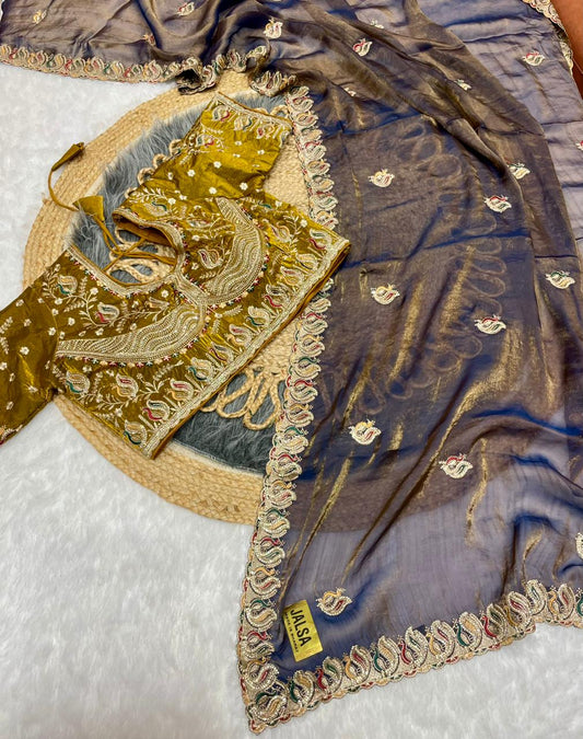 BS-JALSA SATIN SAREE WITH HEAVY EMBROIDERY WORK WITH JARKAN WORK WITH HEAVY AND BEAUTIFUL STICHED BLOUSE