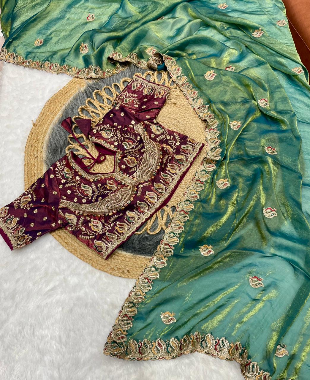 BS-JALSA SATIN SAREE WITH HEAVY EMBROIDERY WORK WITH JARKAN WORK WITH HEAVY AND BEAUTIFUL STICHED BLOUSE