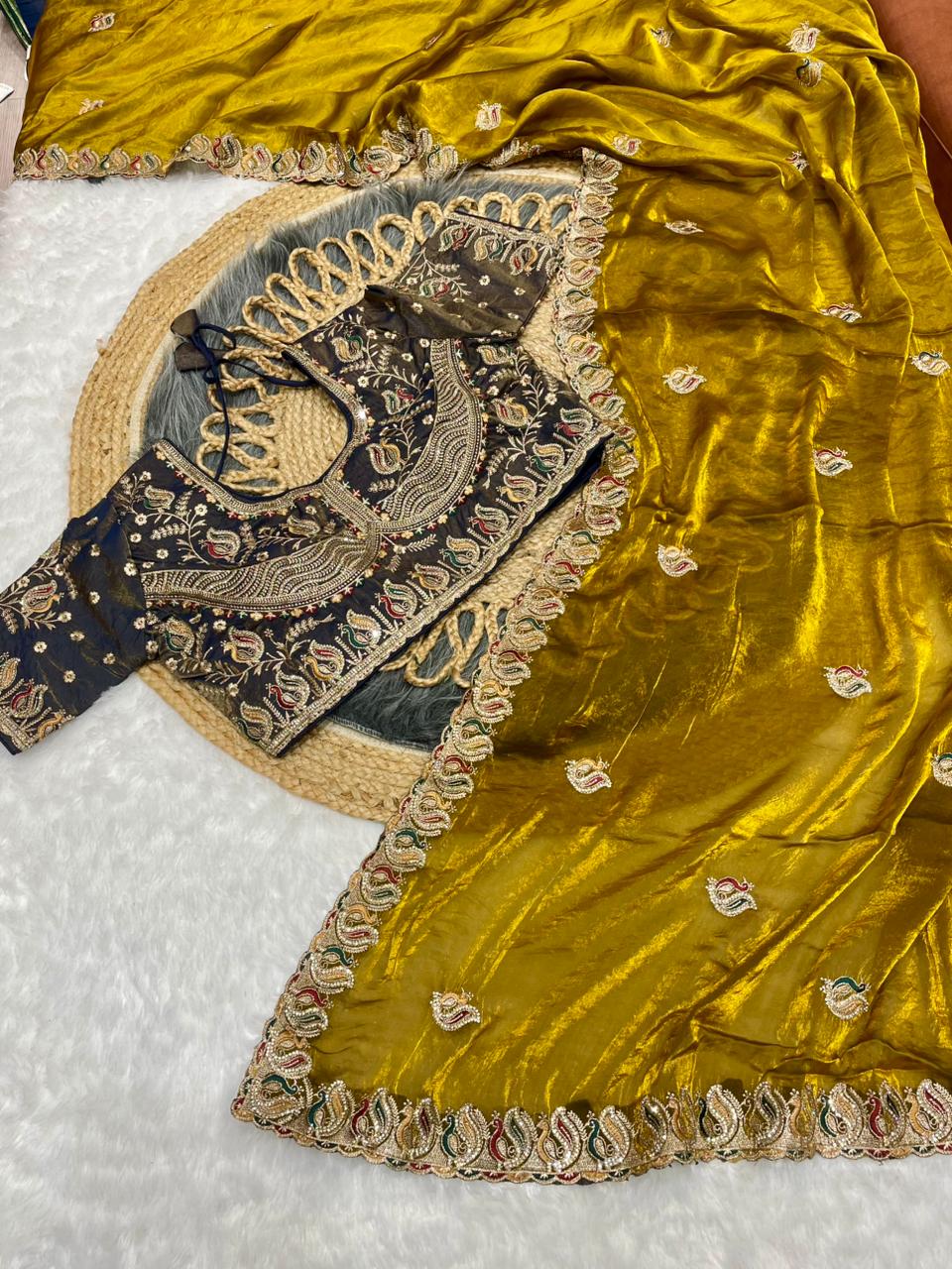 BS-JALSA SATIN SAREE WITH HEAVY EMBROIDERY WORK WITH JARKAN WORK WITH HEAVY AND BEAUTIFUL STICHED BLOUSE