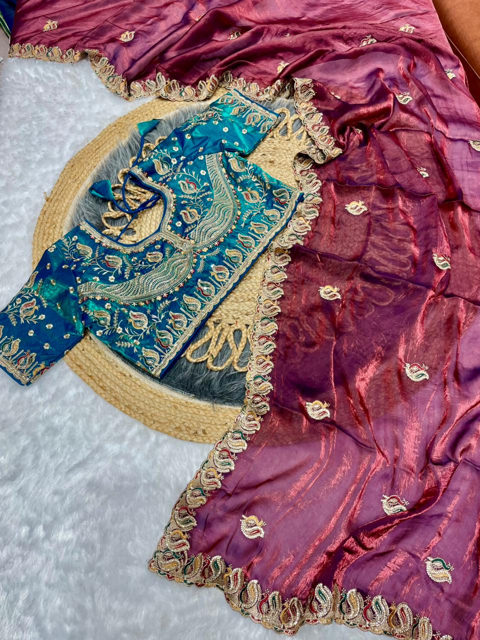 BS-JALSA SATIN SAREE WITH HEAVY EMBROIDERY WORK WITH JARKAN WORK WITH HEAVY AND BEAUTIFUL STICHED BLOUSE