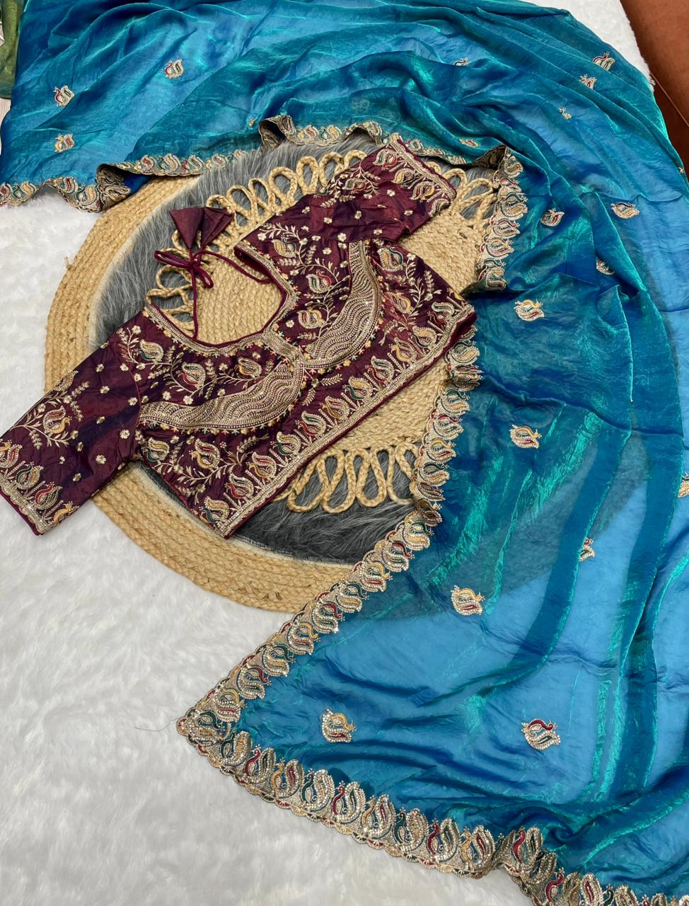 BS-JALSA SATIN SAREE WITH HEAVY EMBROIDERY WORK WITH JARKAN WORK WITH HEAVY AND BEAUTIFUL STICHED BLOUSE