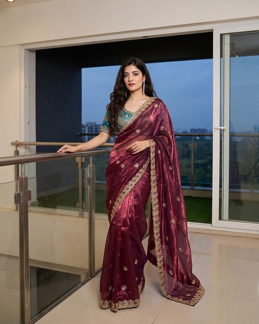 BS-JALSA SATIN SAREE WITH HEAVY EMBROIDERY WORK WITH JARKAN WORK WITH HEAVY AND BEAUTIFUL STICHED BLOUSE