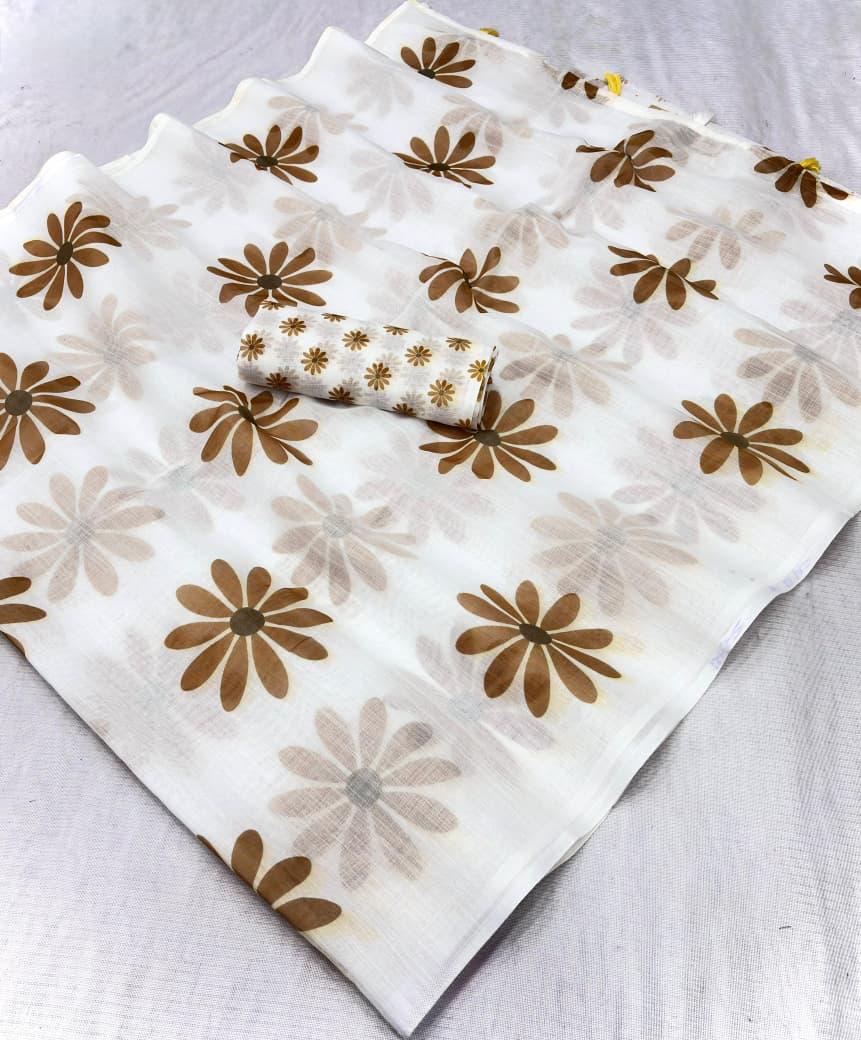 DP-4042 VIRAL LINEN DIGITAL PRINT SAREE WITH FLORAL DESIGN WITH TONE TO TONE TASSELS WITH BEAUTIFUL BLOUSE