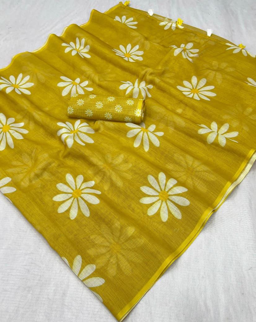 DP-4042 VIRAL LINEN DIGITAL PRINT SAREE WITH FLORAL DESIGN WITH TONE TO TONE TASSELS WITH BEAUTIFUL BLOUSE