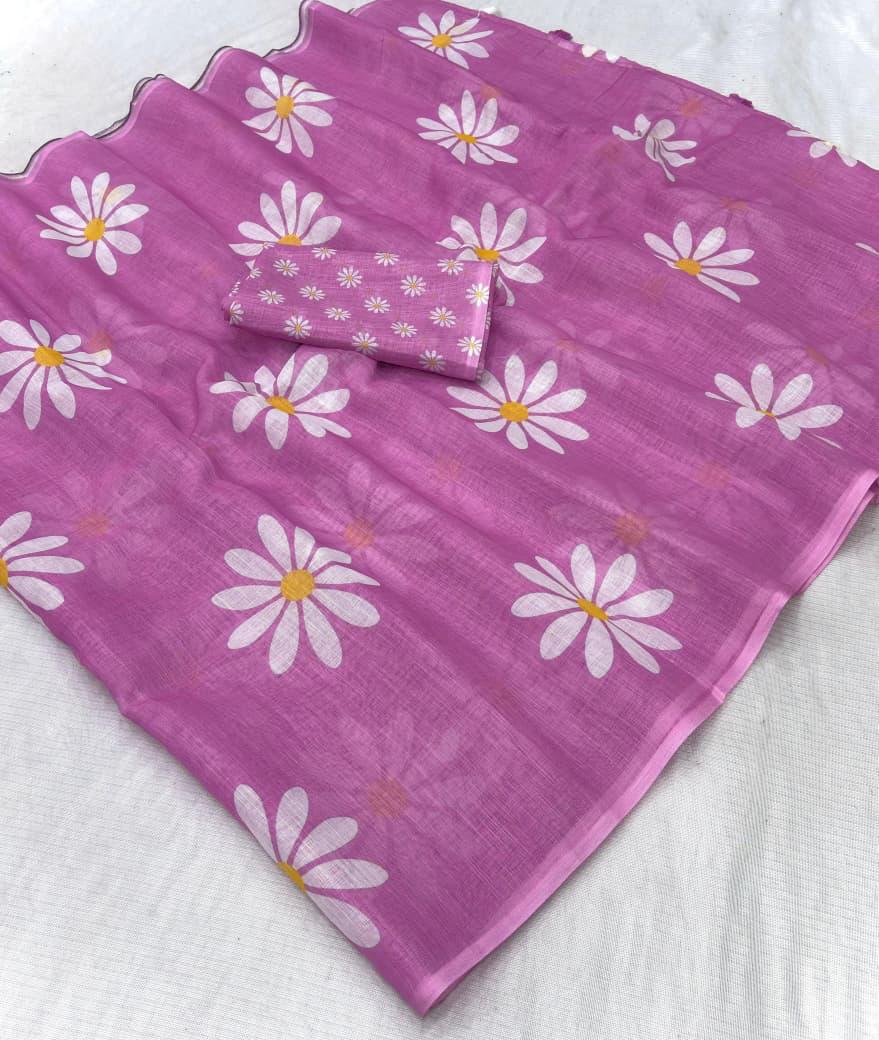 DP-4042 VIRAL LINEN DIGITAL PRINT SAREE WITH FLORAL DESIGN WITH TONE TO TONE TASSELS WITH BEAUTIFUL BLOUSE