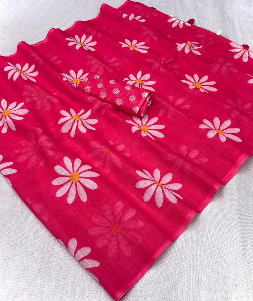 DP-4042 VIRAL LINEN DIGITAL PRINT SAREE WITH FLORAL DESIGN WITH TONE TO TONE TASSELS WITH BEAUTIFUL BLOUSE
