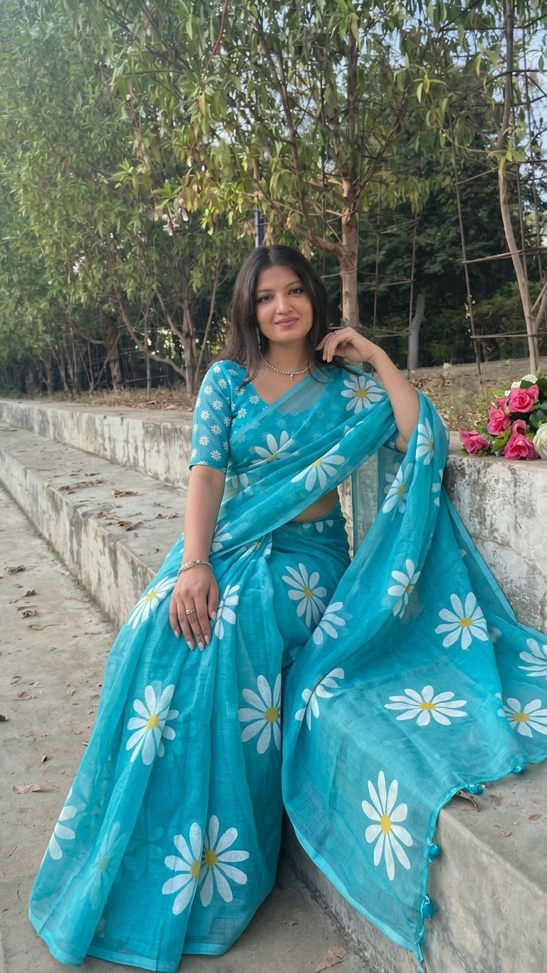 DP-4042 VIRAL LINEN DIGITAL PRINT SAREE WITH FLORAL DESIGN WITH TONE TO TONE TASSELS WITH BEAUTIFUL BLOUSE