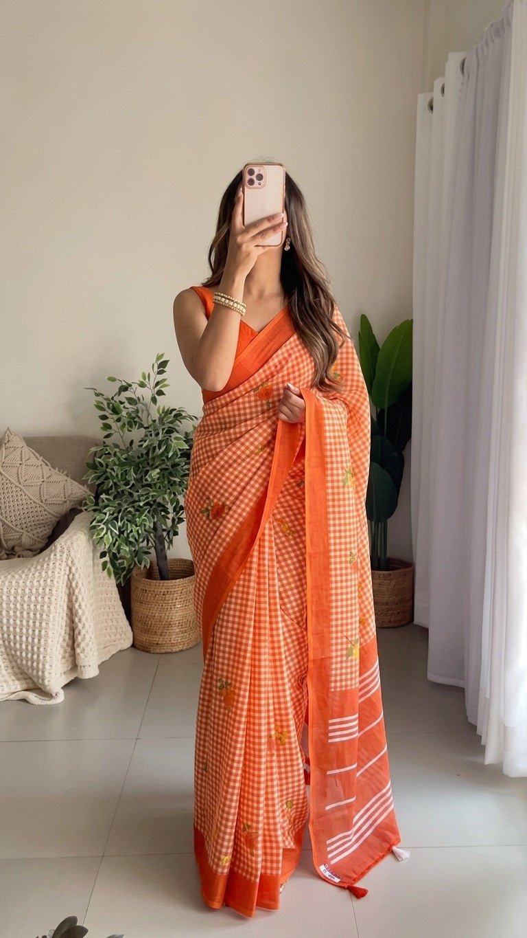 DP-4044 VIRAL LINEN DIGITAL PRINT SAREE WITH BOX DESIGN WITH TONE TO TONE TASSELS WITH BEAUTIFUL BLOUSE