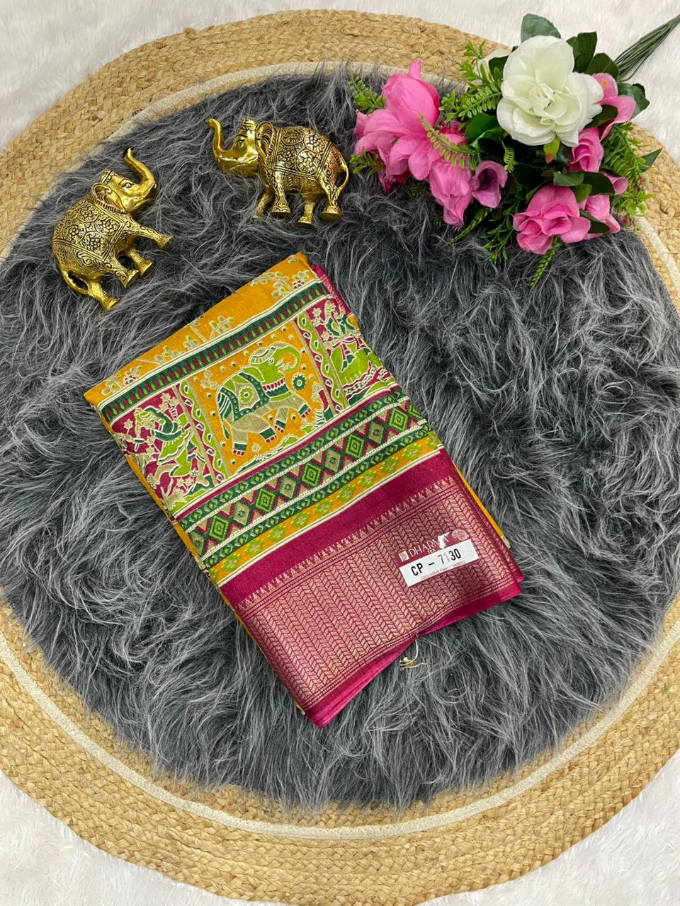 CP-7130 DOLA SAREE WITH BEAUTIFUL HEAVY POSITION STYLE PRINTING ROCH PALLU DESIGN WITH CONTRAST BORDER AND BLOUSE