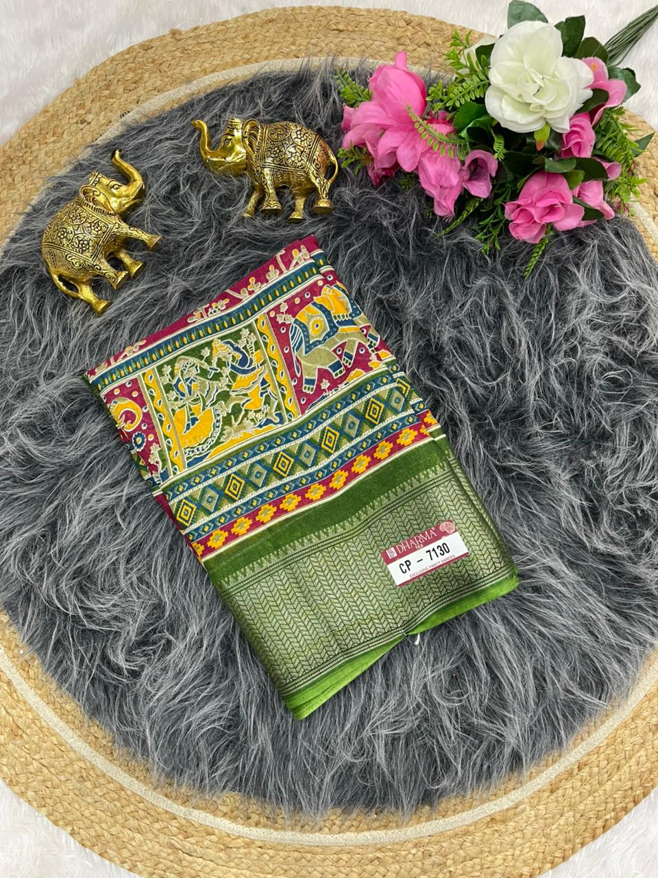 CP-7130 DOLA SAREE WITH BEAUTIFUL HEAVY POSITION STYLE PRINTING ROCH PALLU DESIGN WITH CONTRAST BORDER AND BLOUSE