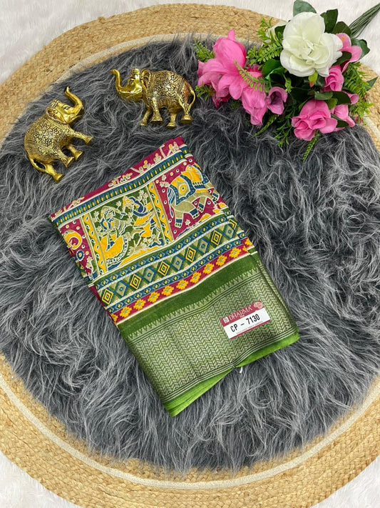 CP-7130 DOLA SAREE WITH BEAUTIFUL HEAVY POSITION STYLE PRINTING ROCH PALLU DESIGN WITH CONTRAST BORDER AND BLOUSE