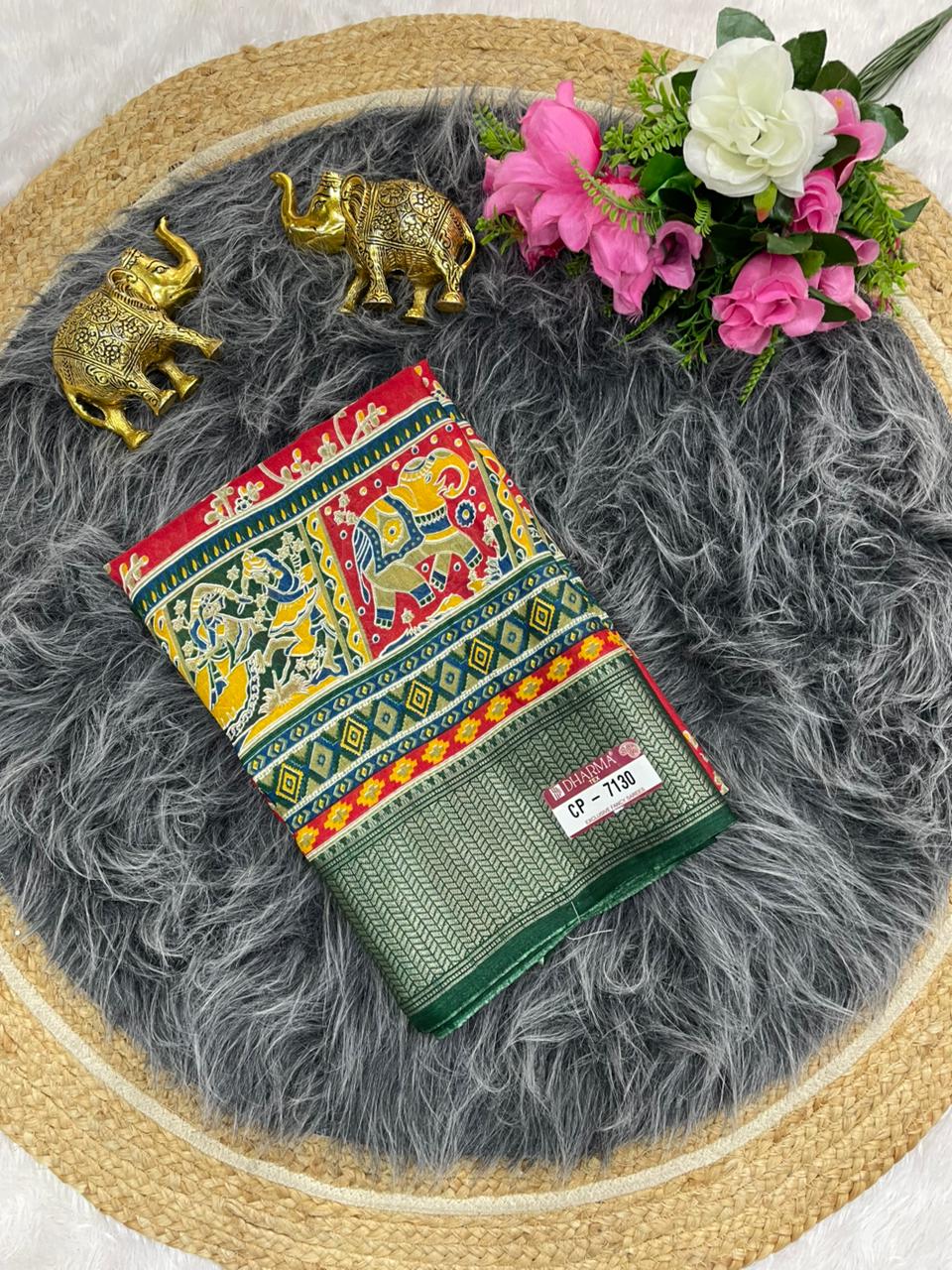CP-7130 DOLA SAREE WITH BEAUTIFUL HEAVY POSITION STYLE PRINTING ROCH PALLU DESIGN WITH CONTRAST BORDER AND BLOUSE