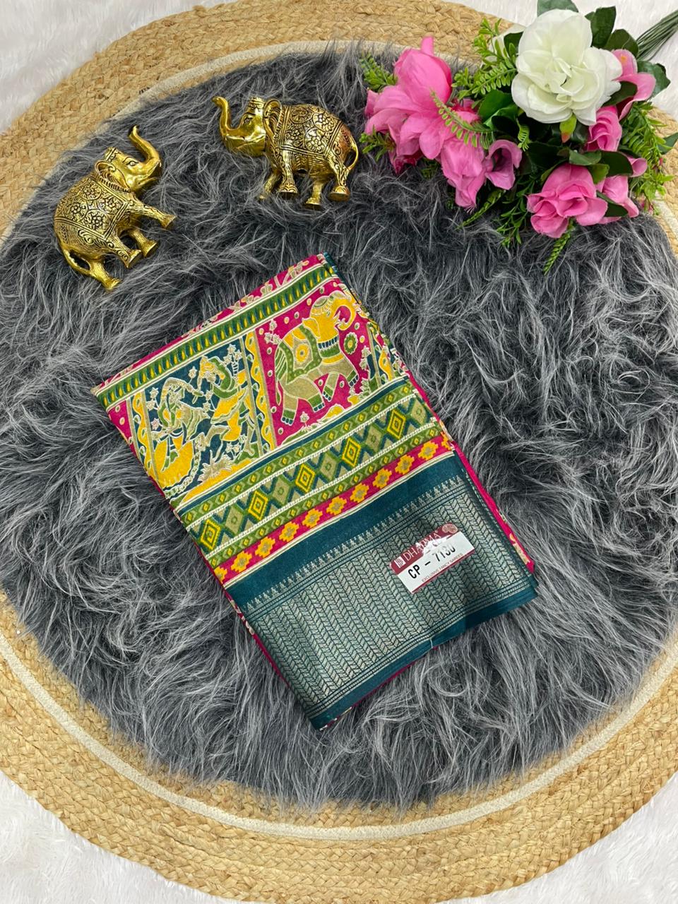 CP-7130 DOLA SAREE WITH BEAUTIFUL HEAVY POSITION STYLE PRINTING ROCH PALLU DESIGN WITH CONTRAST BORDER AND BLOUSE