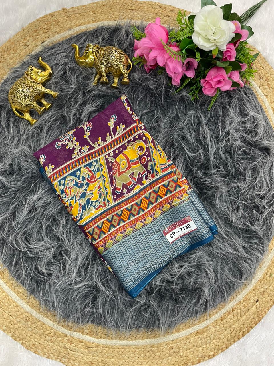 CP-7130 DOLA SAREE WITH BEAUTIFUL HEAVY POSITION STYLE PRINTING ROCH PALLU DESIGN WITH CONTRAST BORDER AND BLOUSE