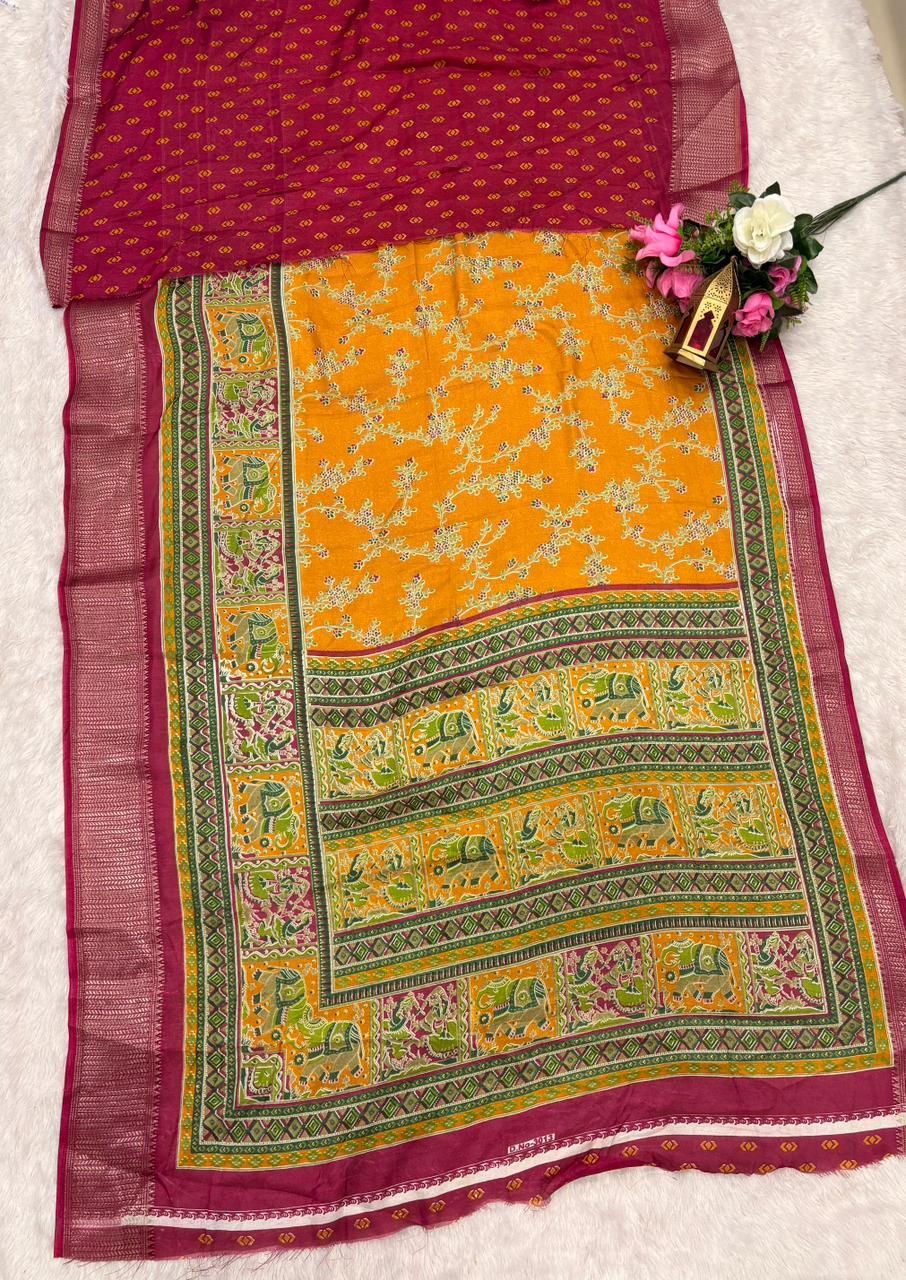 CP-7130 DOLA SAREE WITH BEAUTIFUL HEAVY POSITION STYLE PRINTING ROCH PALLU DESIGN WITH CONTRAST BORDER AND BLOUSE