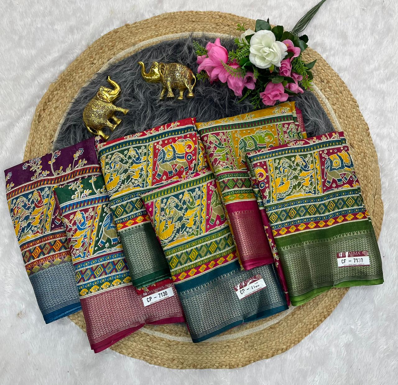 CP-7130 DOLA SAREE WITH BEAUTIFUL HEAVY POSITION STYLE PRINTING ROCH PALLU DESIGN WITH CONTRAST BORDER AND BLOUSE