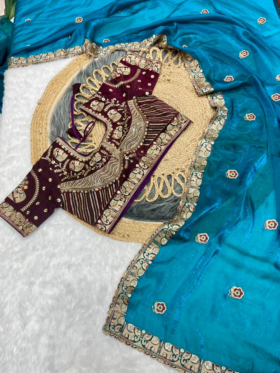 BS-JAGRUTI SATIN SAREE WITH HEAVY EMBROIDERY WORK WITH GAJRAJ DESIGN WITH JARKAN WORK WITH HEAVY STICHED BLOUSE