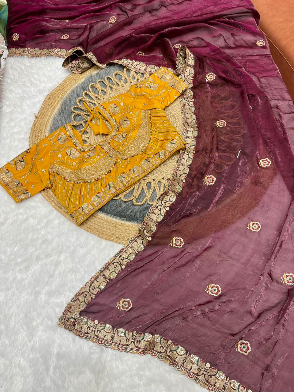 BS-JAGRUTI SATIN SAREE WITH HEAVY EMBROIDERY WORK WITH GAJRAJ DESIGN WITH JARKAN WORK WITH HEAVY STICHED BLOUSE