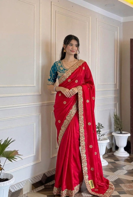 BS-JAGRUTI SATIN SAREE WITH HEAVY EMBROIDERY WORK WITH GAJRAJ DESIGN WITH JARKAN WORK WITH HEAVY STICHED BLOUSE