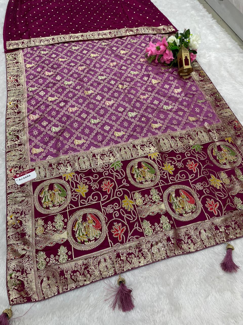 AJ-SARA NAYLON SATIN FABRIC SAREE WITH BEAUTIFUL GHATCOLA DESIGN WITH RICH PALLU DESIGN WITH CHAP HEAVY JARKAN WORK WITH CONTRAST PALLU AND LUXURIOUS TASSELS WITH BUTTI BLOUSE