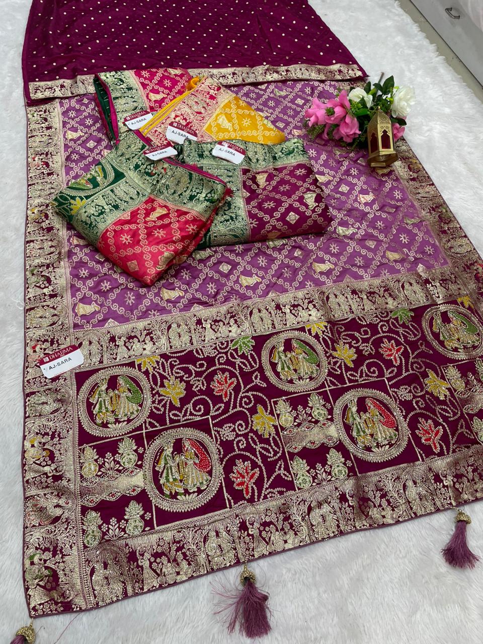 AJ-SARA NAYLON SATIN FABRIC SAREE WITH BEAUTIFUL GHATCOLA DESIGN WITH RICH PALLU DESIGN WITH CHAP HEAVY JARKAN WORK WITH CONTRAST PALLU AND LUXURIOUS TASSELS WITH BUTTI BLOUSE