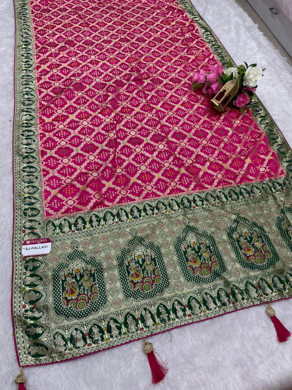 AJ-PALLAVI  NAYLON SATIN FABRIC SAREE WITH BEAUTIFUL GHATCOLA DESIGN WITH RICH PALLU DESIGN WITH CHAP HEAVY JARKAN WORK WITH CONTRAST PALLU AND LUXURIOUS TASSELS WITH BUTTI BLOUSE