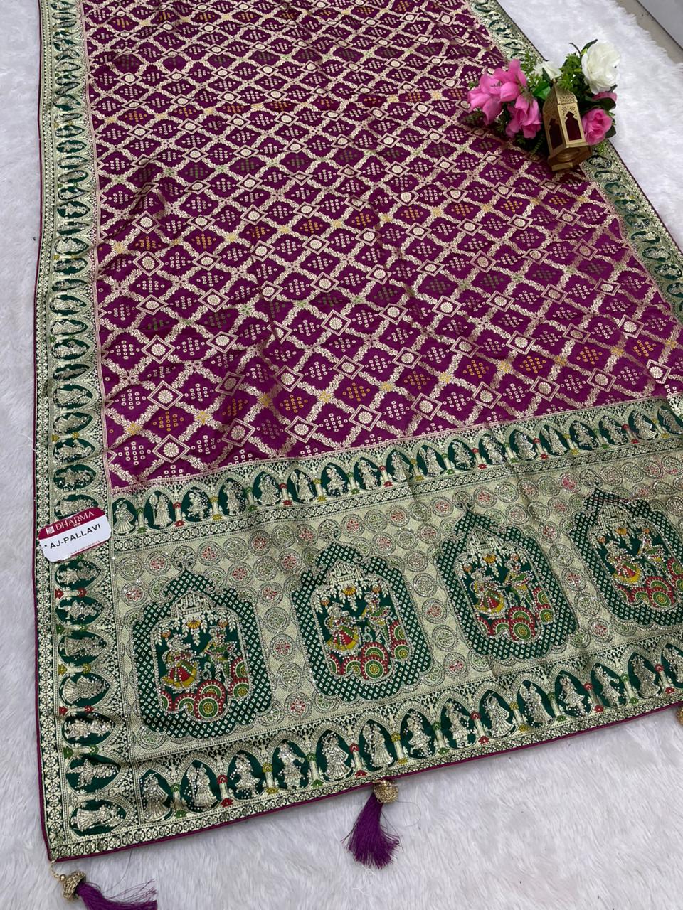 AJ-PALLAVI  NAYLON SATIN FABRIC SAREE WITH BEAUTIFUL GHATCOLA DESIGN WITH RICH PALLU DESIGN WITH CHAP HEAVY JARKAN WORK WITH CONTRAST PALLU AND LUXURIOUS TASSELS WITH BUTTI BLOUSE