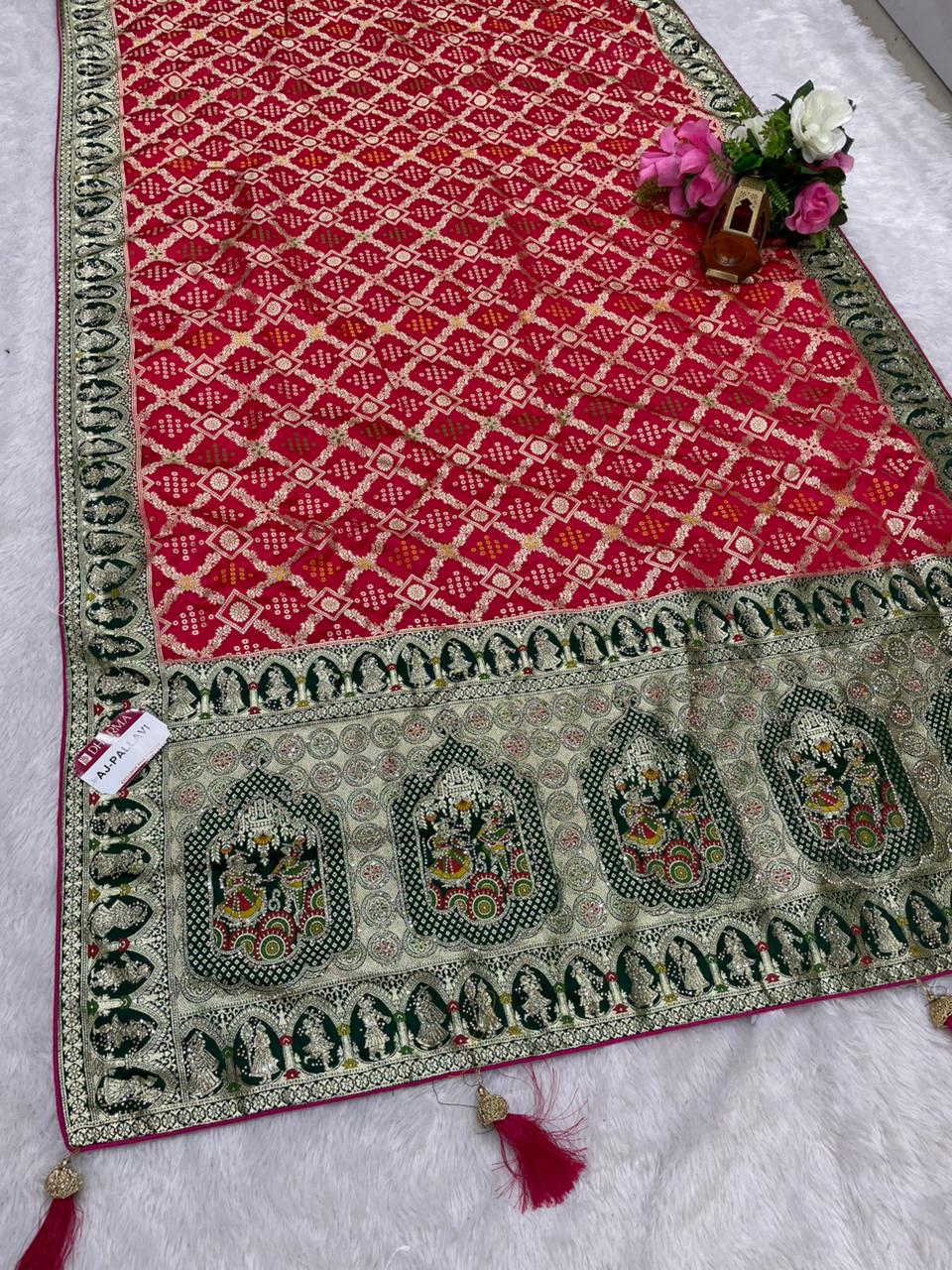 AJ-PALLAVI  NAYLON SATIN FABRIC SAREE WITH BEAUTIFUL GHATCOLA DESIGN WITH RICH PALLU DESIGN WITH CHAP HEAVY JARKAN WORK WITH CONTRAST PALLU AND LUXURIOUS TASSELS WITH BUTTI BLOUSE