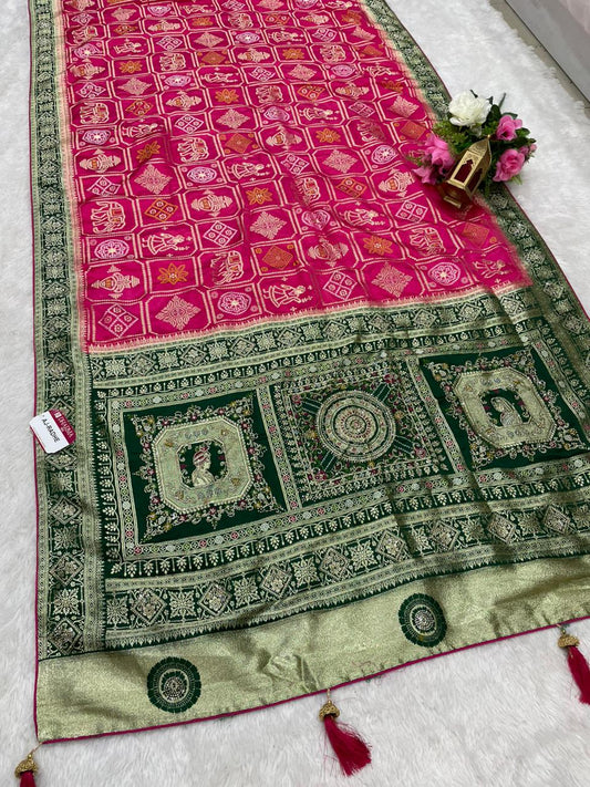 AJ-RADHE NAYLON SATIN FABRIC SAREE WITH BEAUTIFUL BANDHANI DESIGN WITH RICH PALLU DESIGN WITH CHAP DYING WITH CONTRAST PALLU AND LUXURIOUS TASSELS WITH FARMA BLOUSE